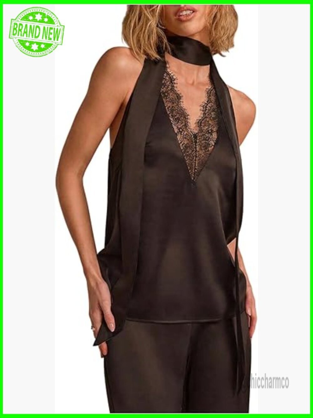 Satin Lace Halter Tank Top Sleeveless Backless Going Out Top